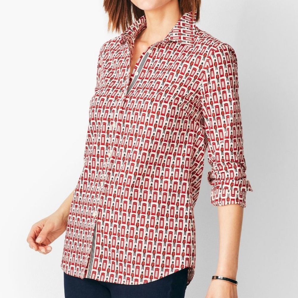 Talbots Cotton Shirt Phone Box Print Royal Guard London Petite Size PXS. NWOT